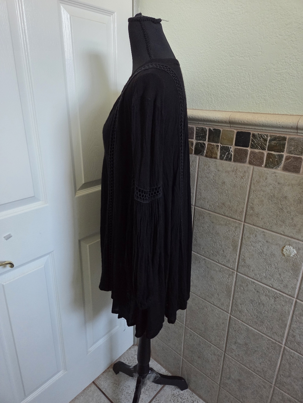 Free People Black Boho V-Neck Peasant Tunic Mini Dress Festival Goth Bohemian S - Picture 6 of 10